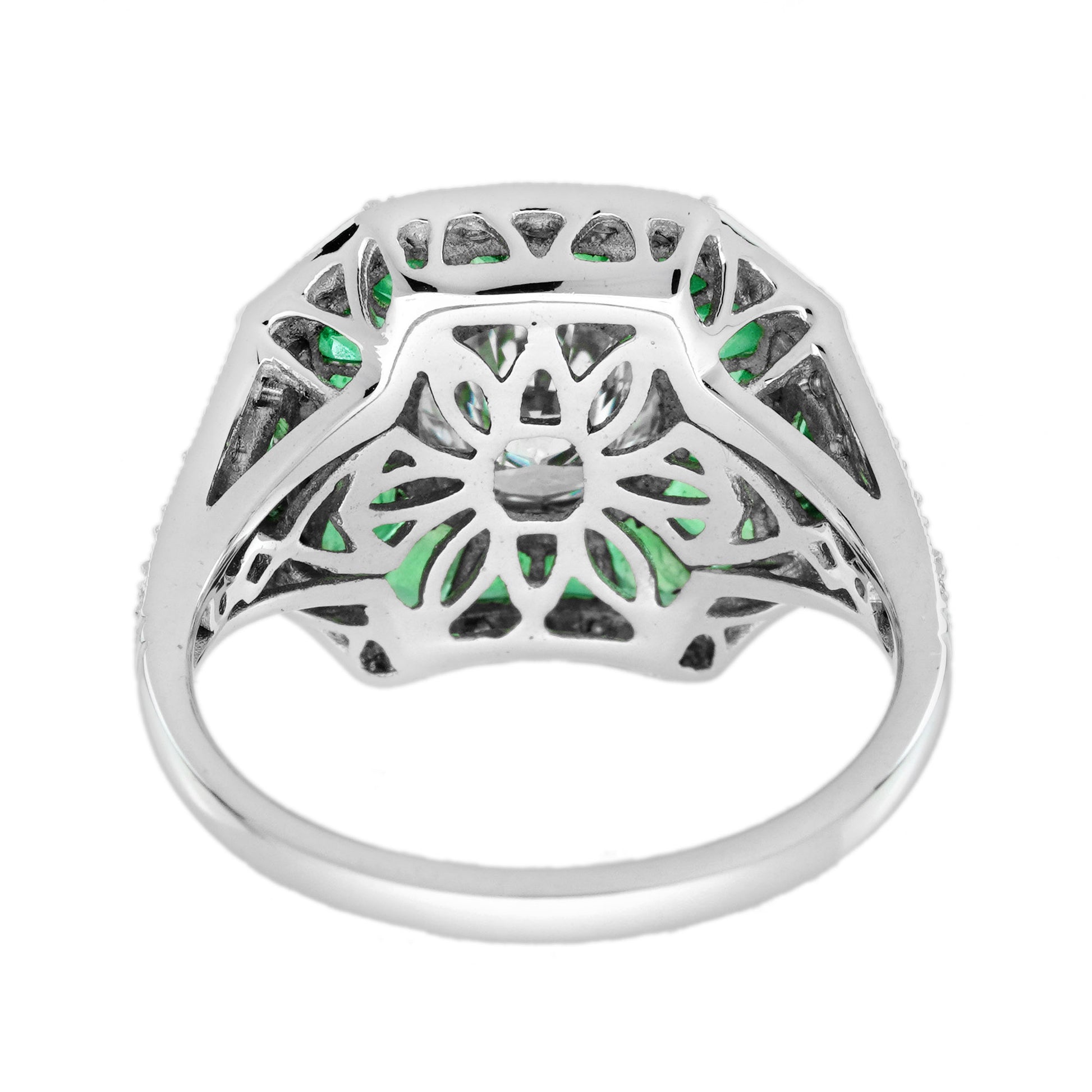 Round Diamond & Green Emerald Halo Set Art Deco Style 18K White Gold Ring
