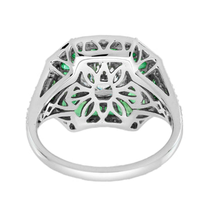 Round Diamond & Green Emerald Halo Set Art Deco Style 18K White Gold Ring