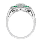 Round Diamond & Green Emerald Halo Set Art Deco Style 18K White Gold Ring