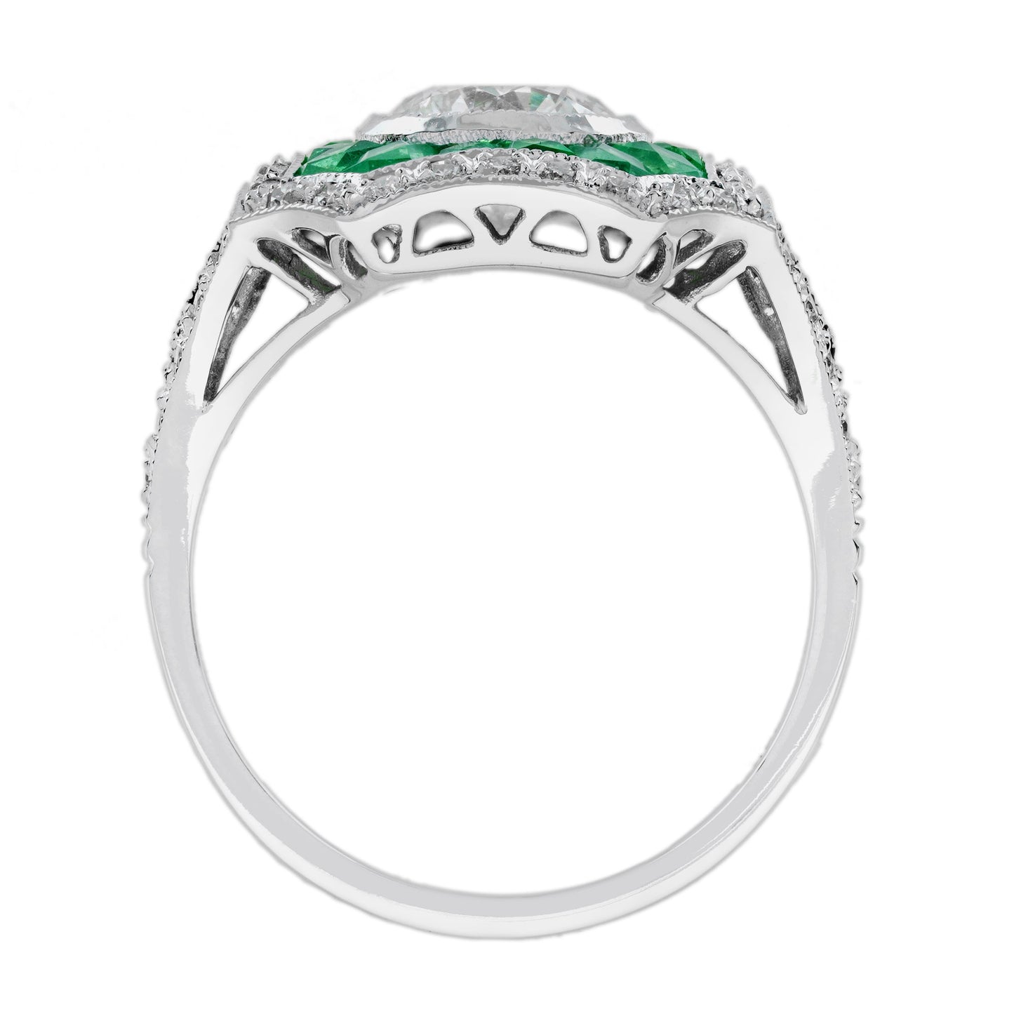 round diamond & green emerald halo set art deco style 18k white gold ring