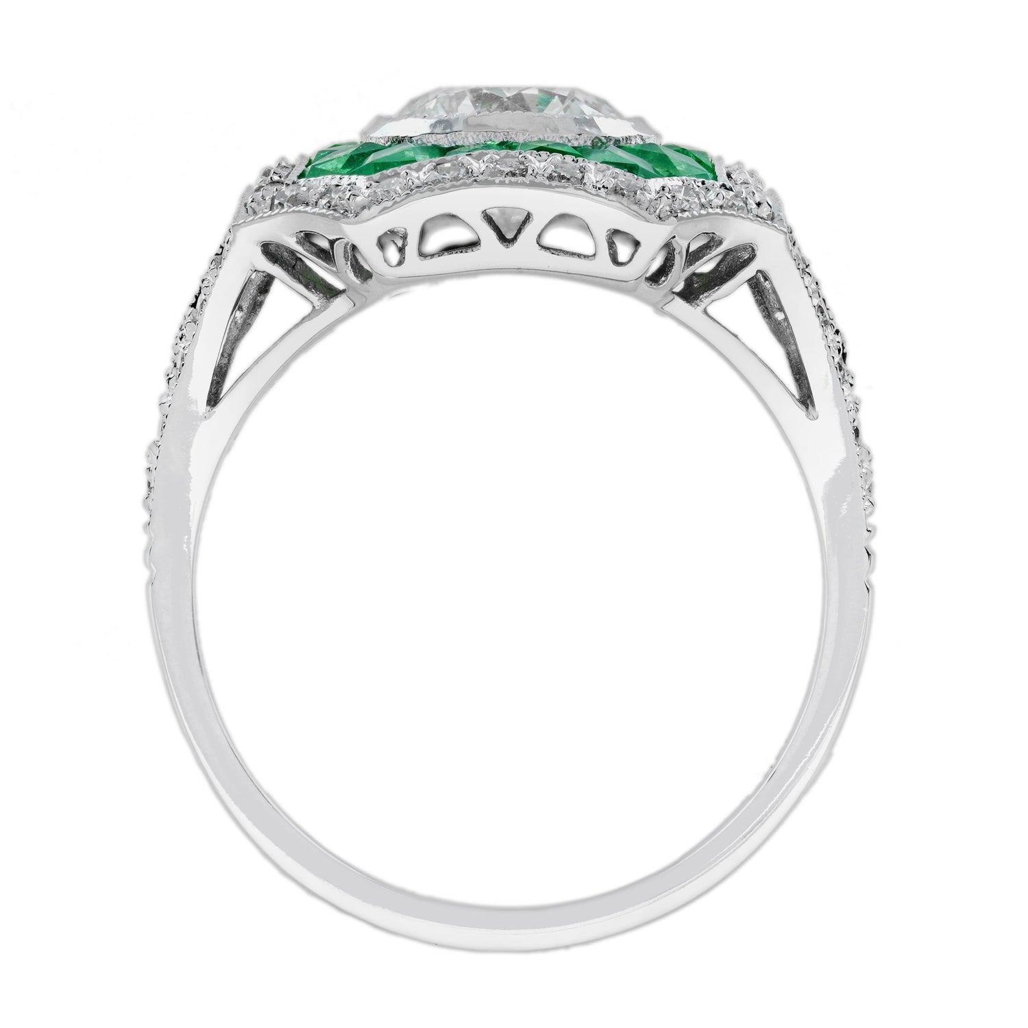Round Diamond &amp; Green Emerald Halo Set Art Deco Style 18K White Gold Ring