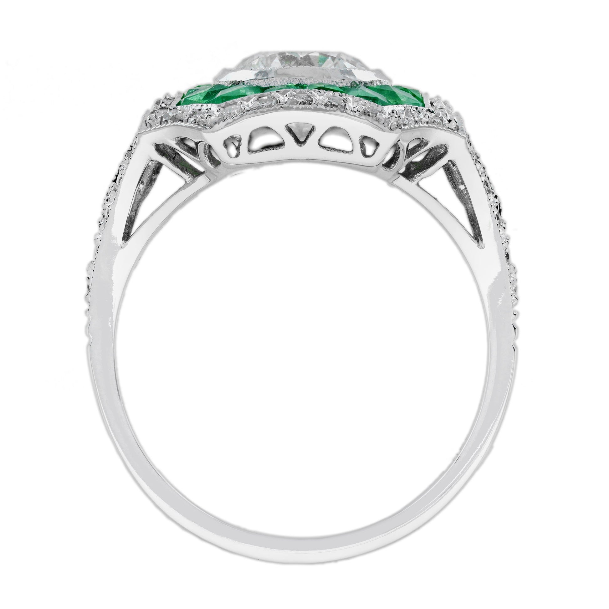 Round Diamond & Green Emerald Halo Set Art Deco Style 18K White Gold Ring