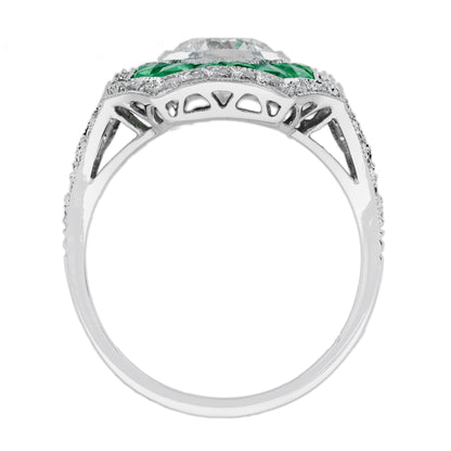 Round Diamond & Green Emerald Halo Set Art Deco Style 18K White Gold Ring