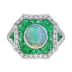 Opal Diamond Green Emerald Fancy Cut Halo Vintage Art Deco Style White Gold Ring