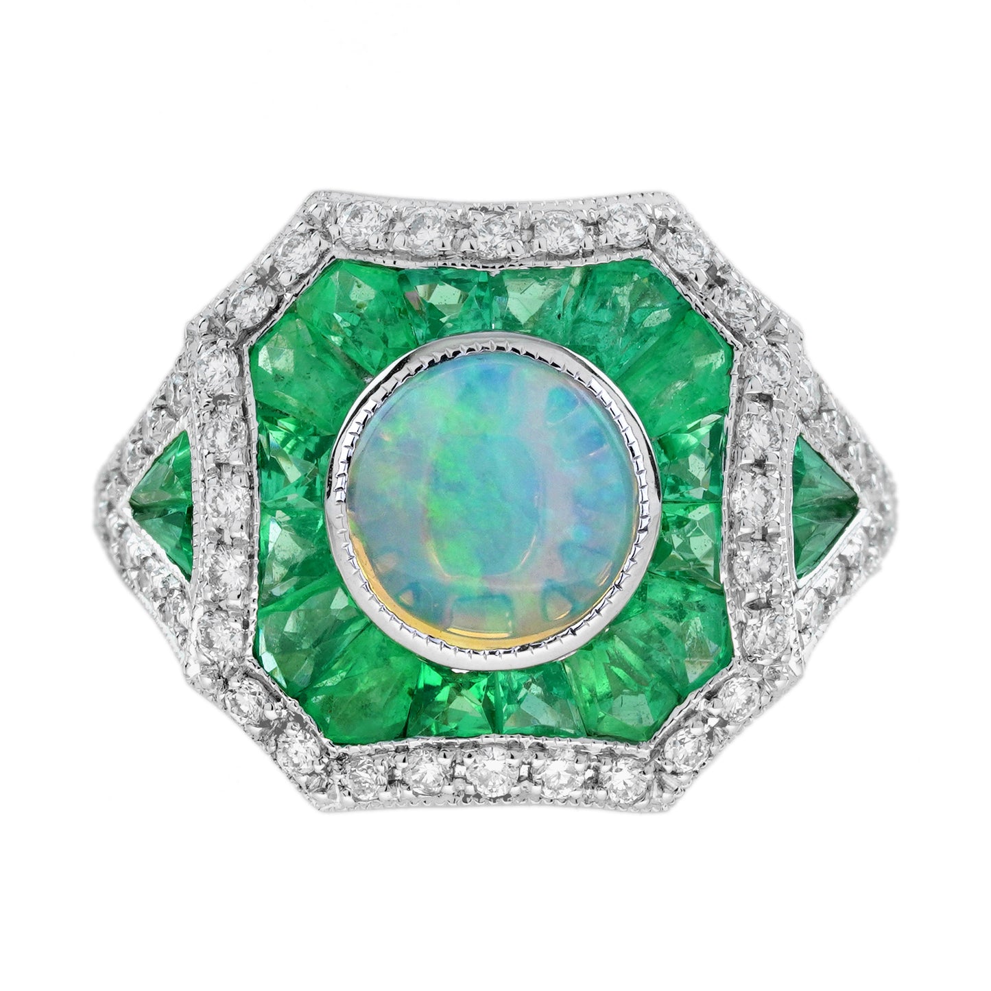 opal diamond green emerald fancy cut halo vintage art deco style white gold ring