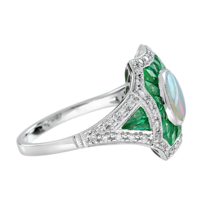 Opal Diamond Green Emerald Fancy Cut Halo Vintage Art Deco Style White Gold Ring