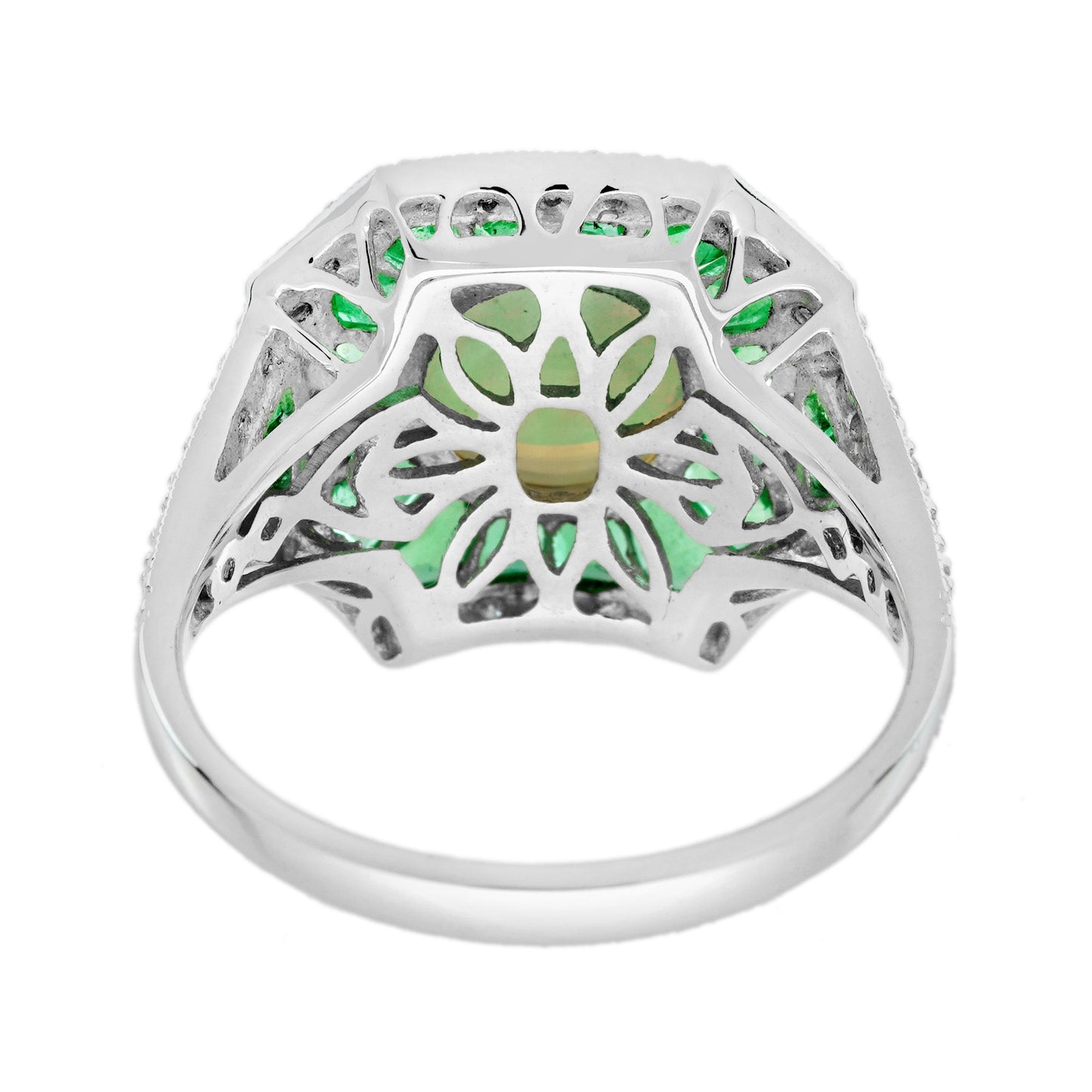 opal diamond green emerald fancy cut halo vintage art deco style white gold ring