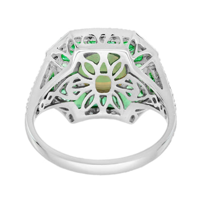 Opal Diamond Green Emerald Fancy Cut Halo Vintage Art Deco Style White Gold Ring