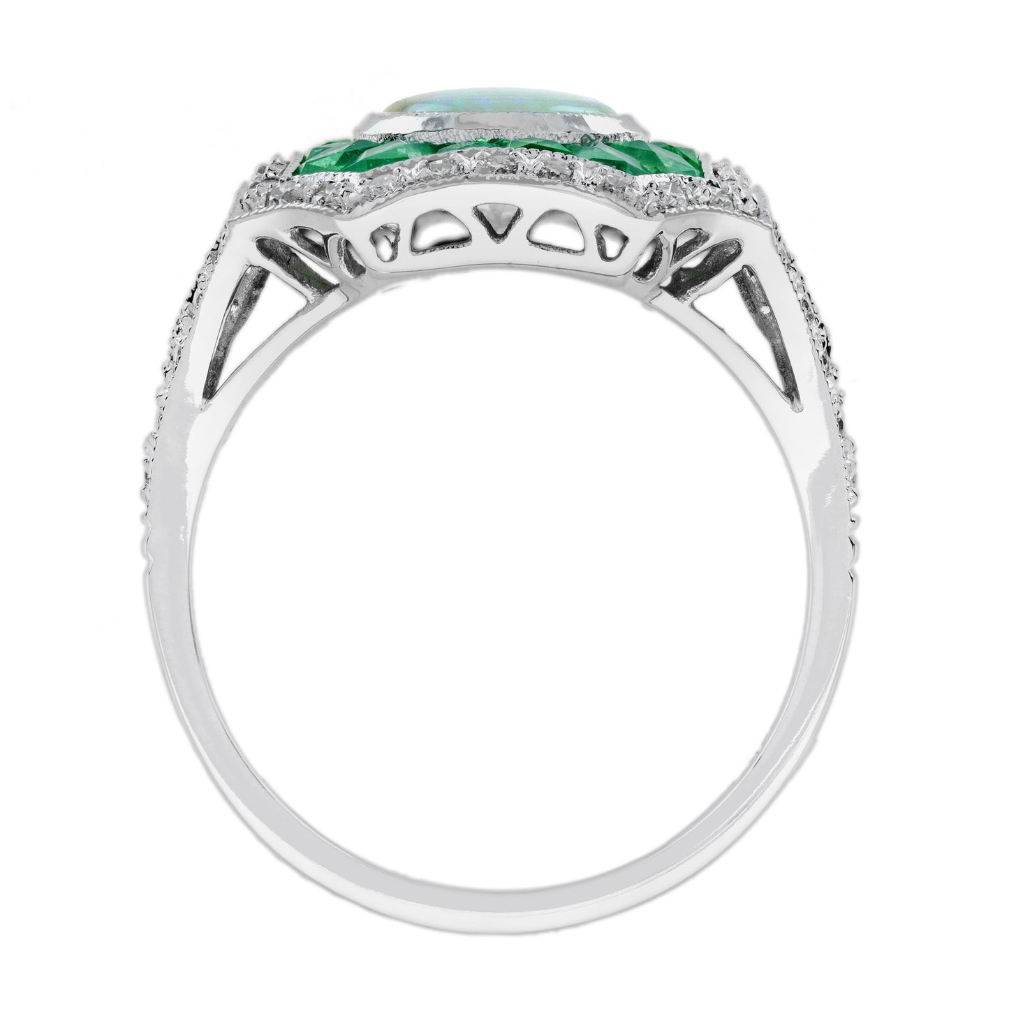 opal diamond green emerald fancy cut halo vintage art deco style white gold ring