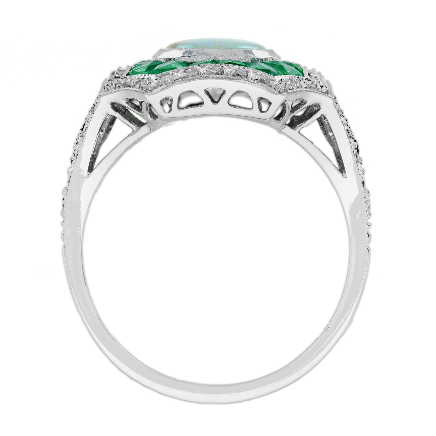 Opal Diamond Green Emerald Fancy Cut Halo Vintage Art Deco Style White Gold Ring
