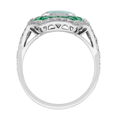 Opal Diamond Green Emerald Fancy Cut Halo Vintage Art Deco Style White Gold Ring
