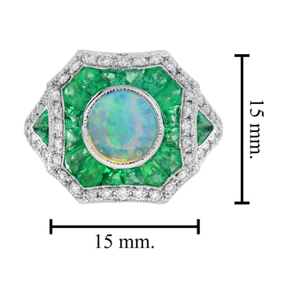 Opal Diamond Green Emerald Fancy Cut Halo Vintage Art Deco Style White Gold Ring