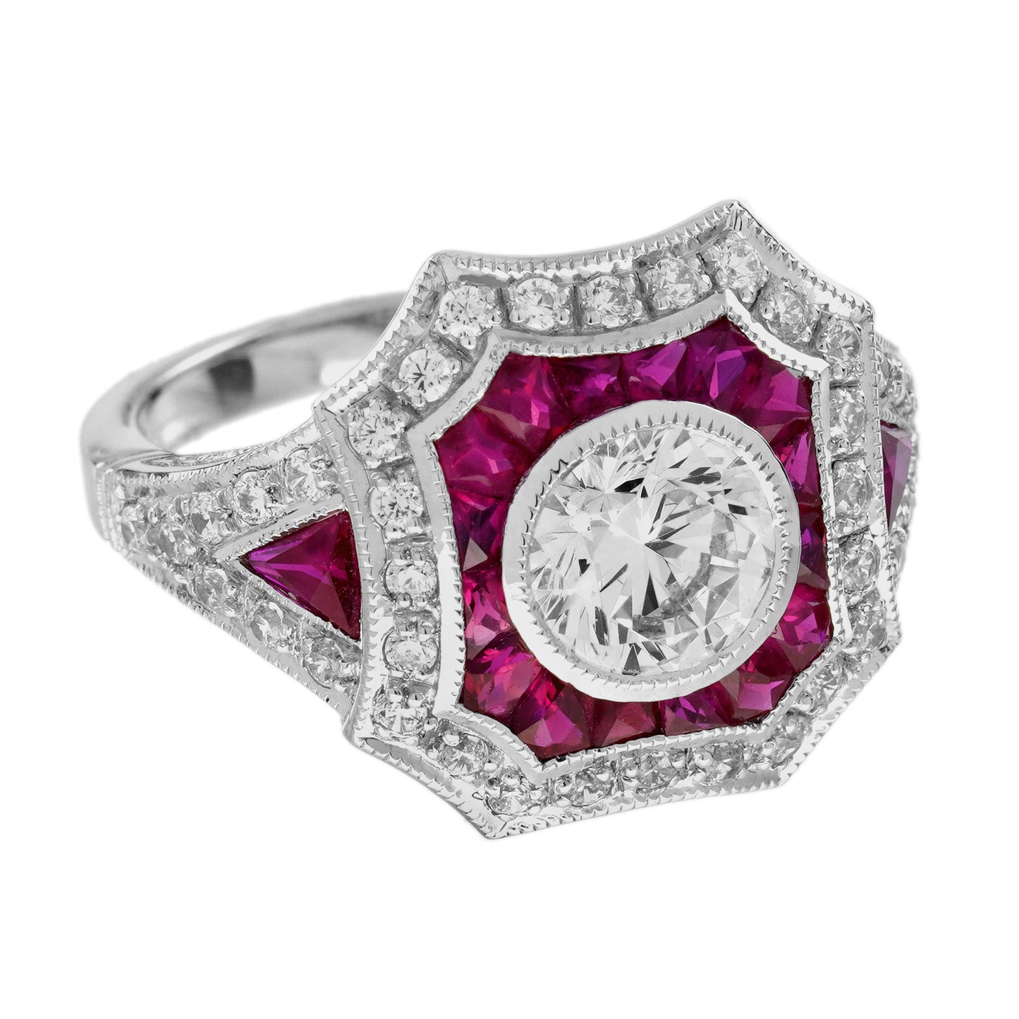 round shape brilliant cut diamond & ruby art deco style 18k white gold ring