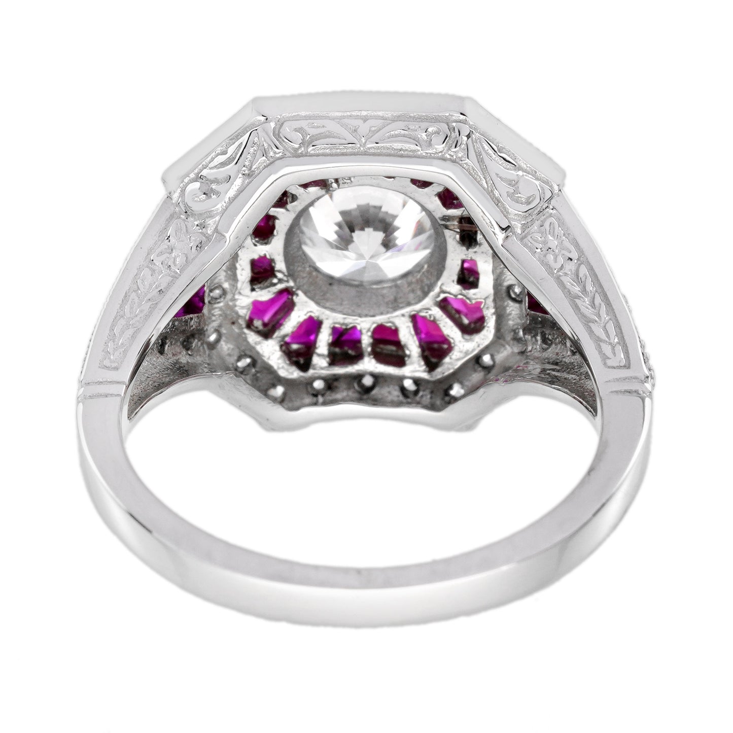 round shape brilliant cut diamond & ruby art deco style 18k white gold ring