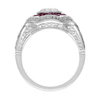 Round Shape Brilliant Cut Diamond & Ruby Art Deco Style 18K White Gold Ring
