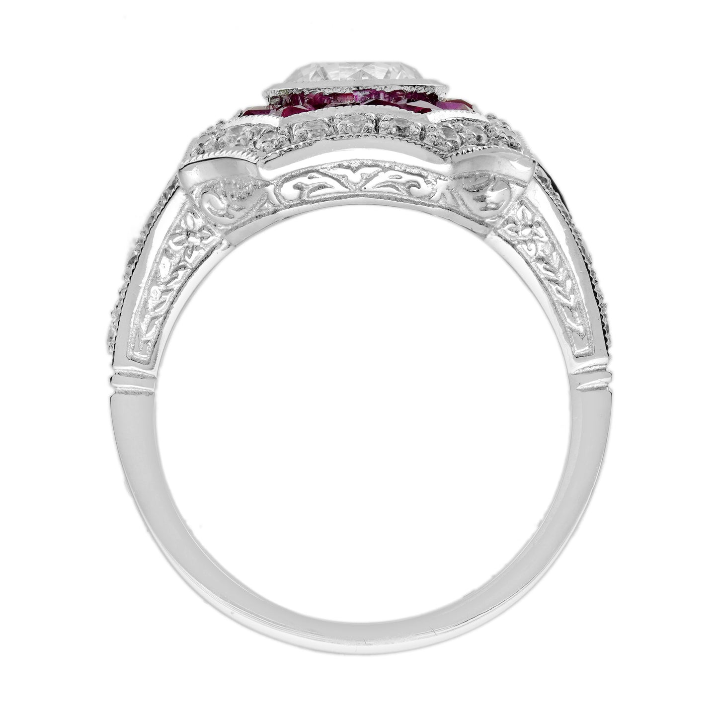 round shape brilliant cut diamond & ruby art deco style 18k white gold ring