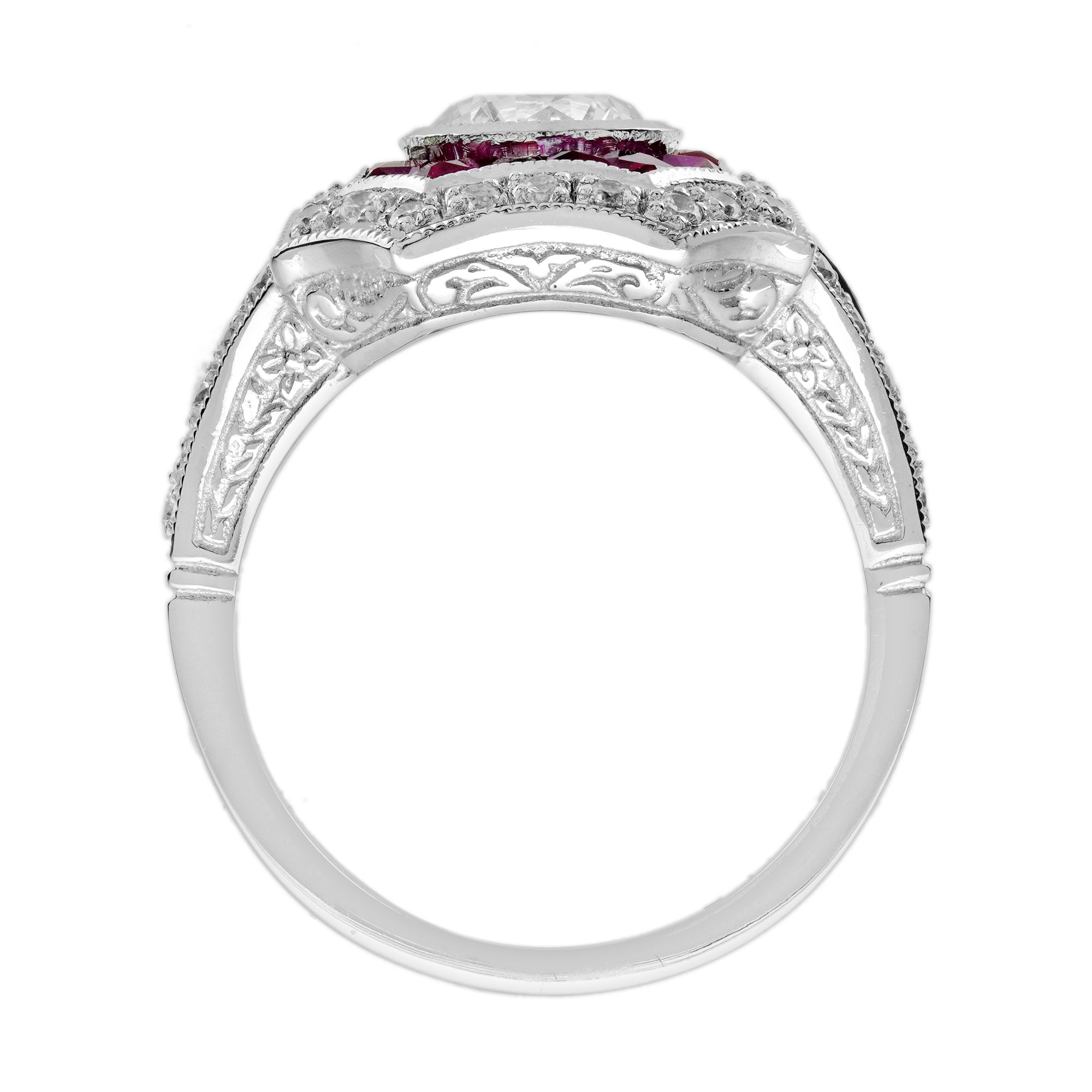 Round Shape Brilliant Cut Diamond &amp; Ruby Art Deco Style 18K White Gold Ring
