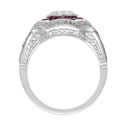 Round Shape Brilliant Cut Diamond & Ruby Art Deco Style 18K White Gold Ring