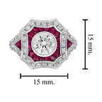 Round Shape Brilliant Cut Diamond & Ruby Art Deco Style 18K White Gold Ring