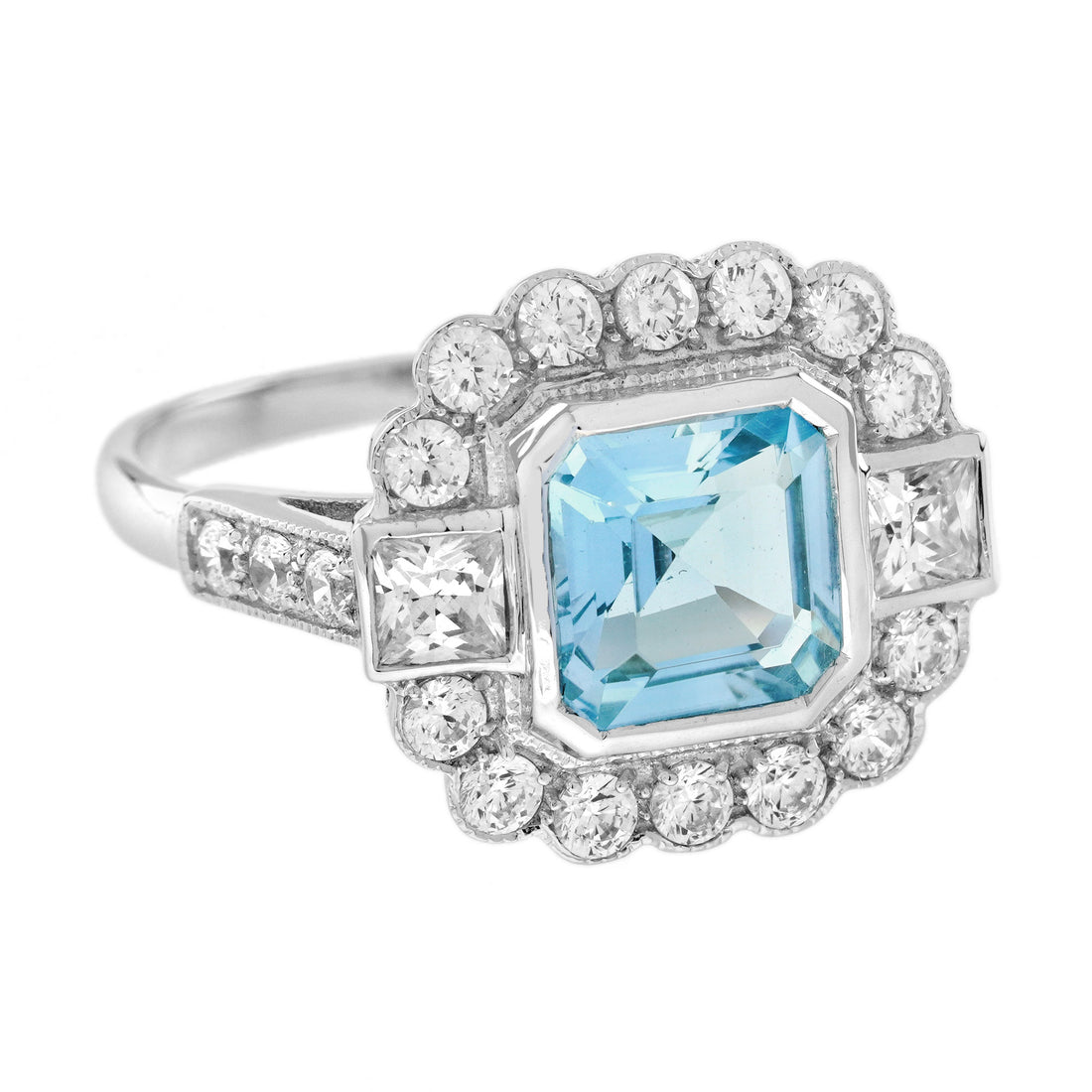 Asscher Blue Aquamarine &amp; Diamond Halo Set Art Deco Style 14K White Gold Ring