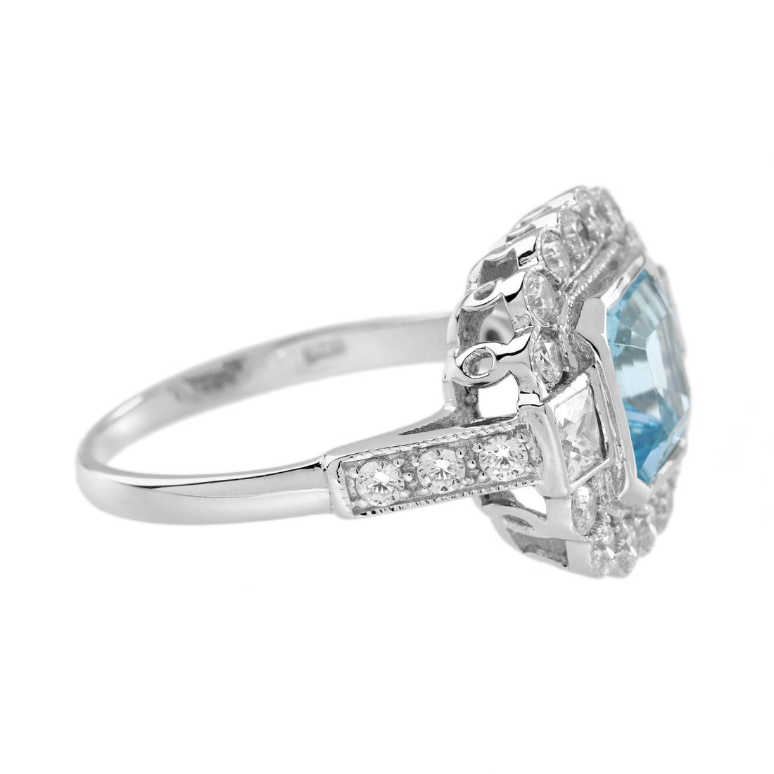 Asscher Blue Aquamarine &amp; Diamond Halo Set Art Deco Style 14K White Gold Ring