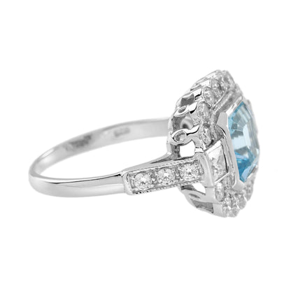 Asscher Blue Aquamarine &amp; Diamond Halo Set Art Deco Style 14K White Gold Ring