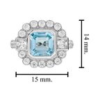 Asscher Blue Aquamarine & Diamond Halo Set Art Deco Style 14K White Gold Ring