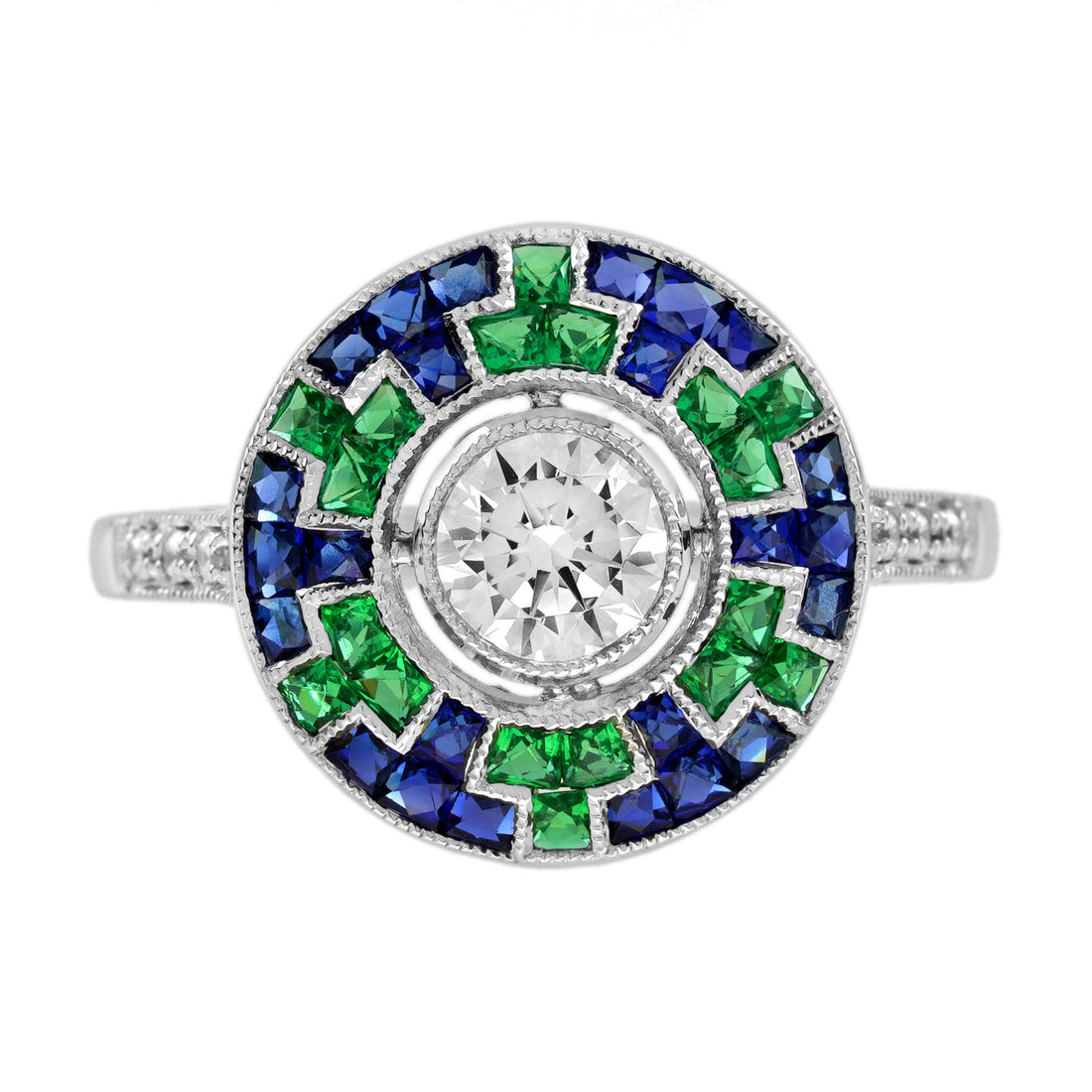 Round Diamond Blue Sapphire Emerald Art Deco Style Mosaic Cut White Gold Ring