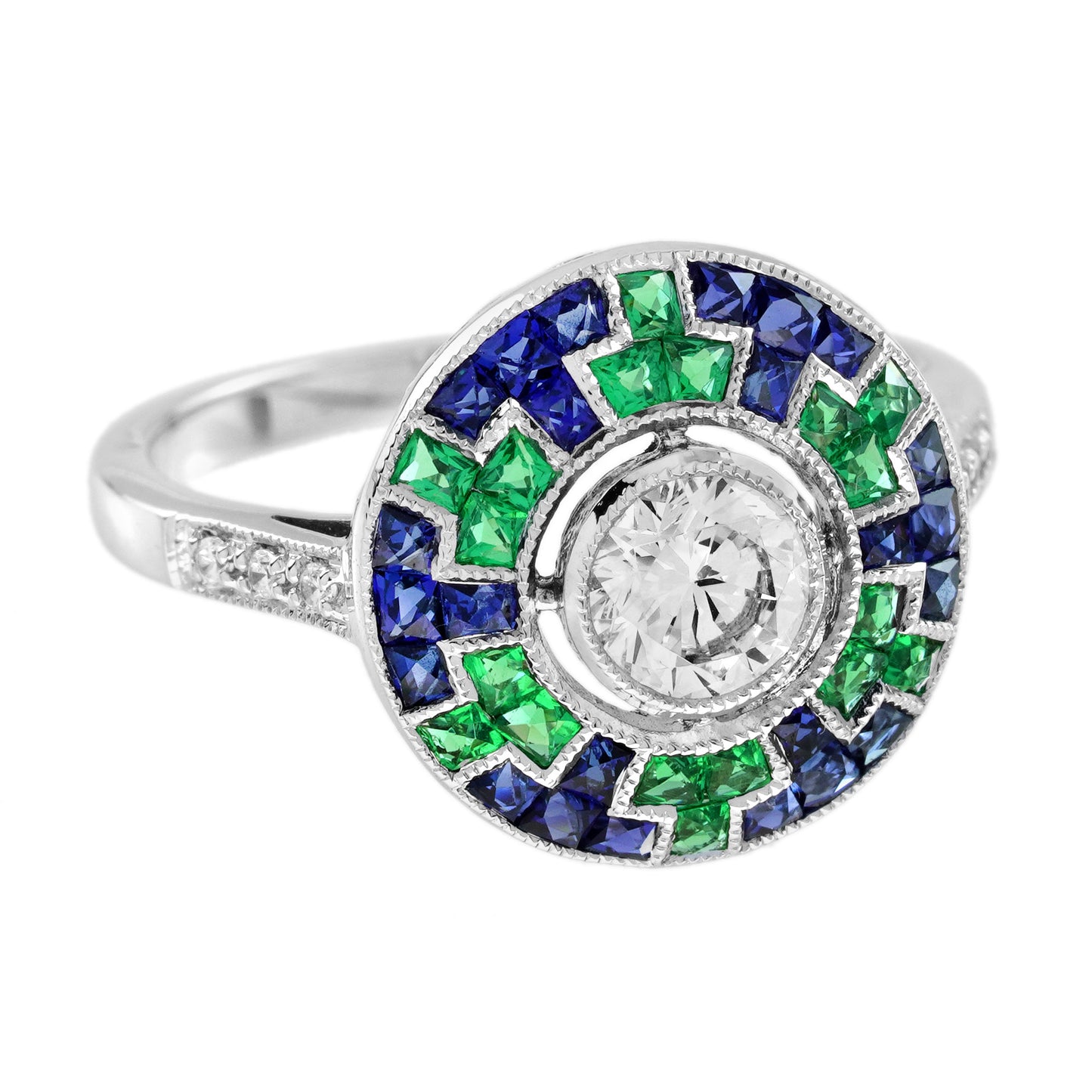 round diamond blue sapphire emerald art deco style mosaic cut white gold ring