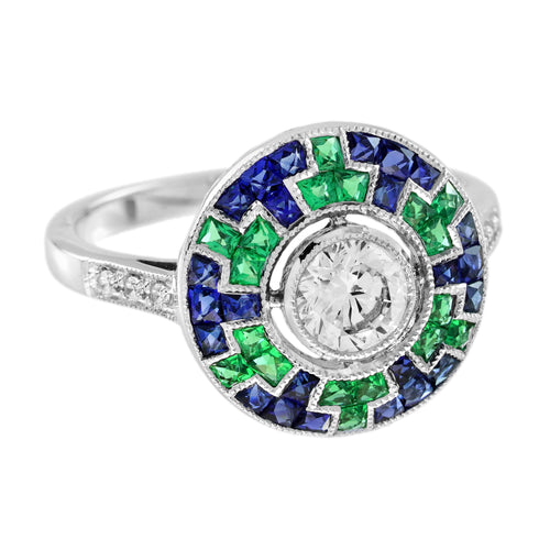 1.74 Ctw Art Deco Style Blue Sapphire & Diamond Emerald 14K White Gold Ring