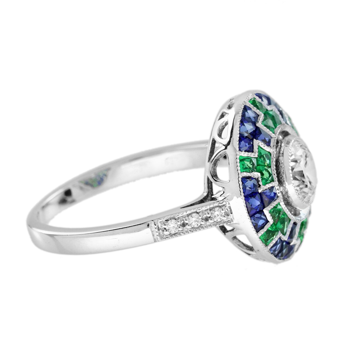 round diamond blue sapphire emerald art deco style mosaic cut white gold ring