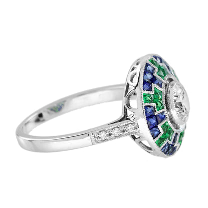 Round Diamond Blue Sapphire Emerald Art Deco Style Mosaic Cut White Gold Ring