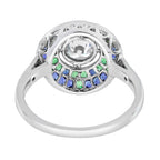 Round Diamond Blue Sapphire Emerald Art Deco Style Mosaic Cut White Gold Ring