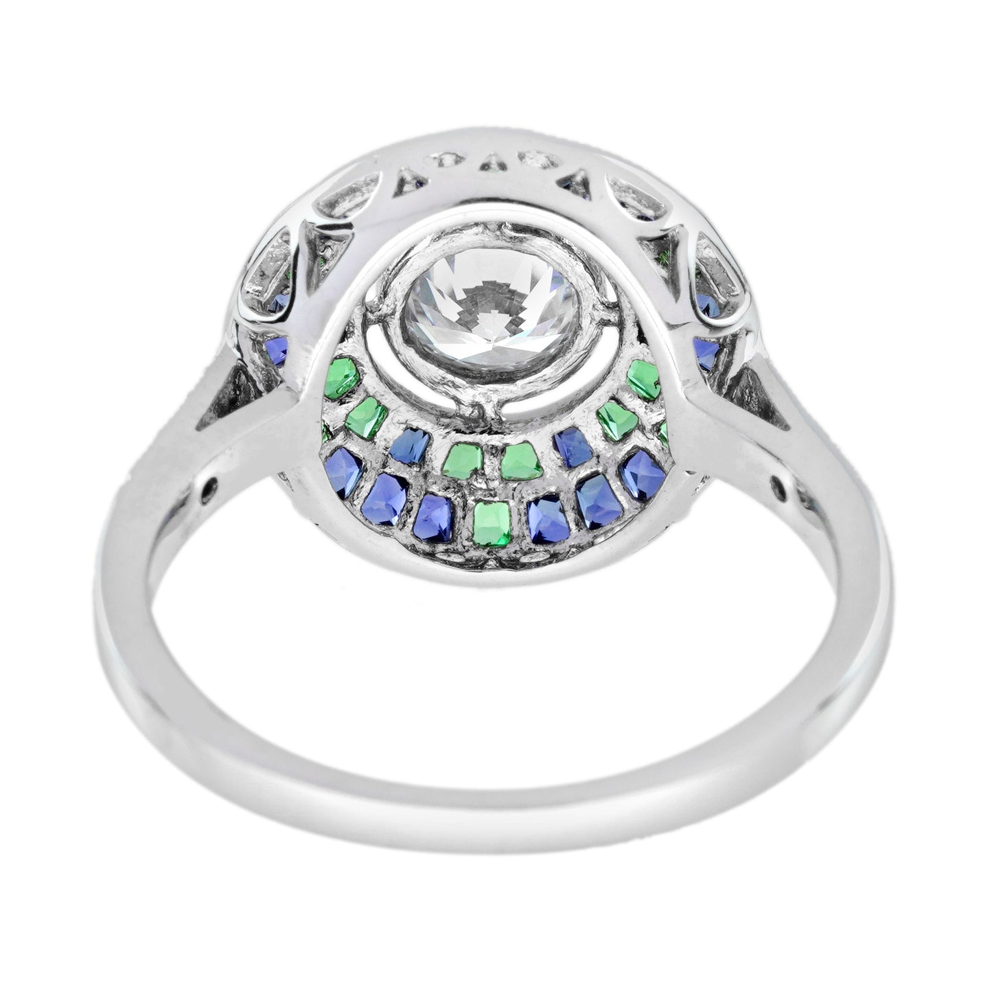 round diamond blue sapphire emerald art deco style mosaic cut white gold ring