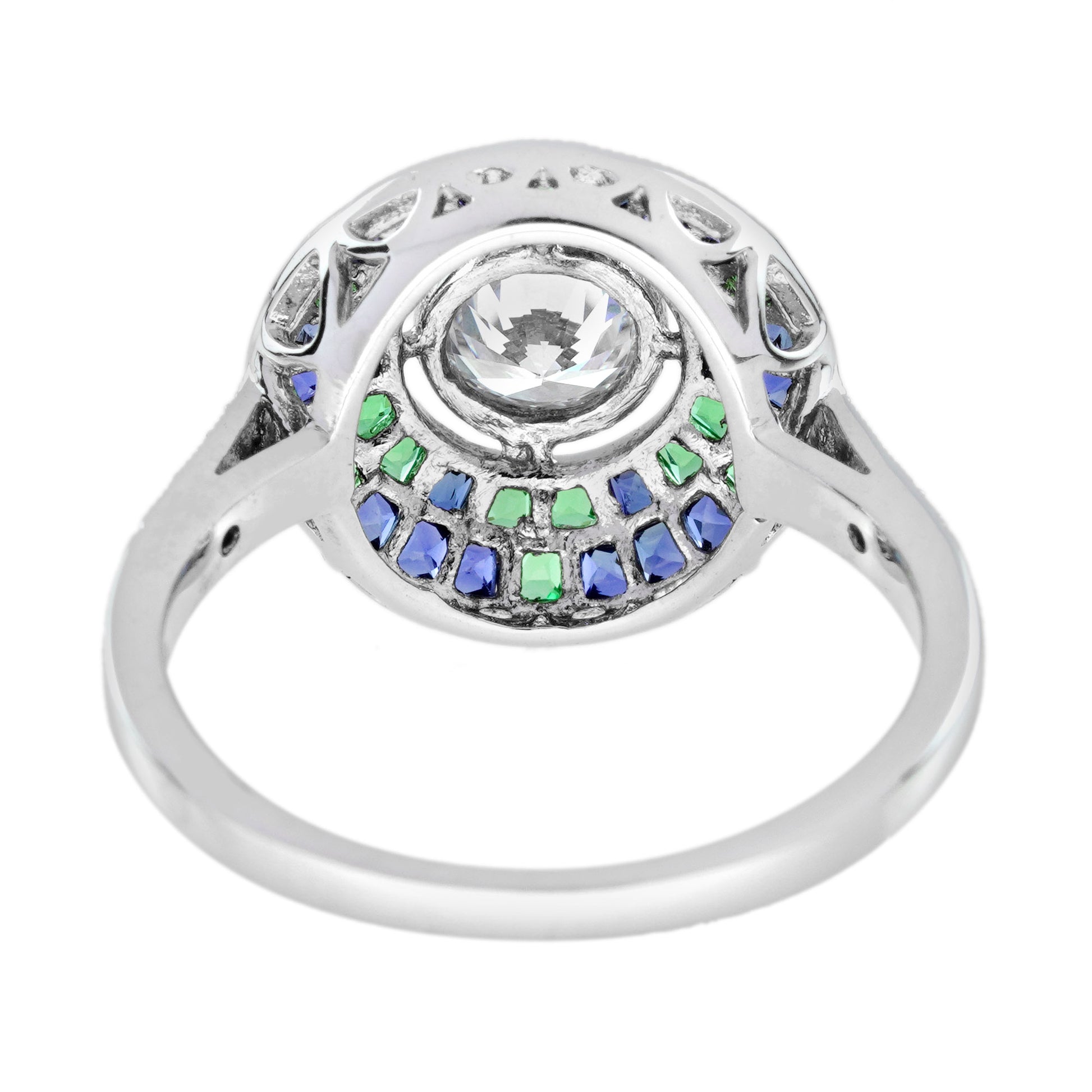 Round Diamond Blue Sapphire Emerald Art Deco Style Mosaic Cut White Gold Ring