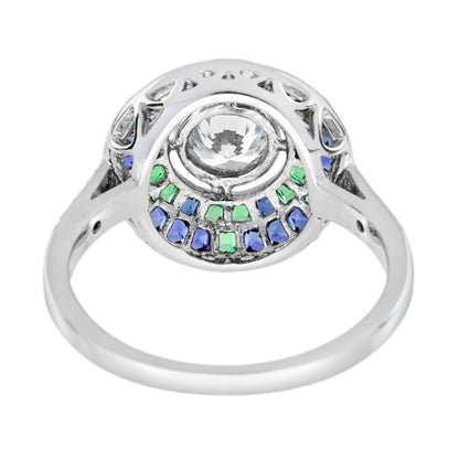 Round Diamond Blue Sapphire Emerald Art Deco Style Mosaic Cut White Gold Ring