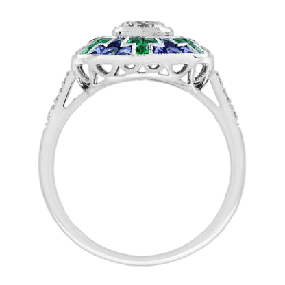 Round Diamond Blue Sapphire Emerald Art Deco Style Mosaic Cut White Gold Ring