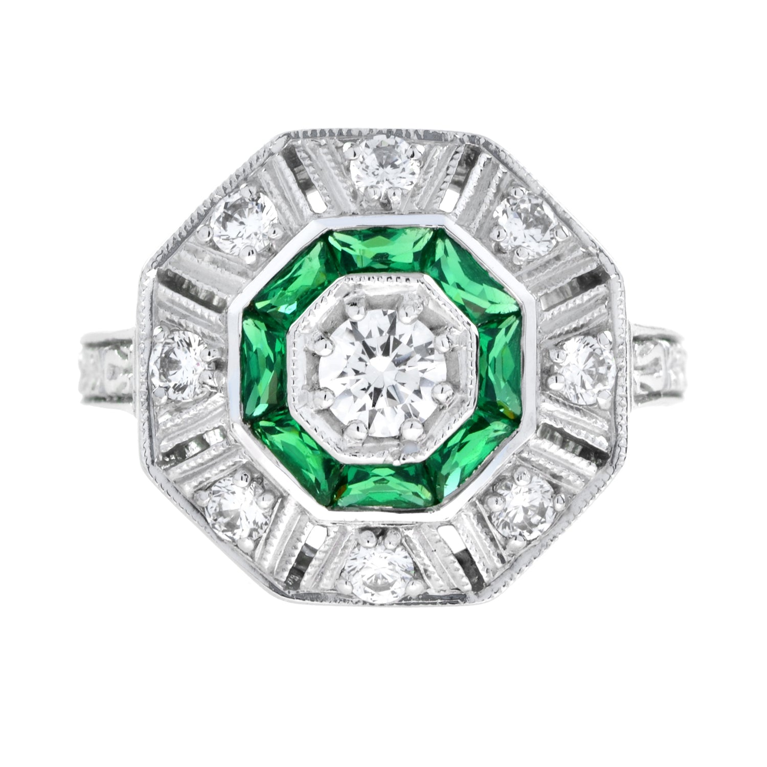Octagon Shape Diamond &amp; Green Emerald Art Deco Style 14K White Gold Ring