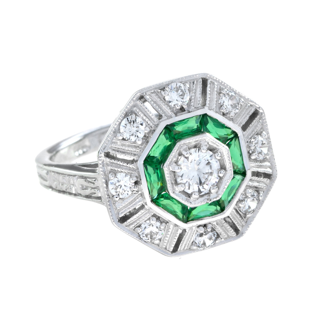 Octagon Shape Diamond &amp; Green Emerald Art Deco Style 14K White Gold Ring