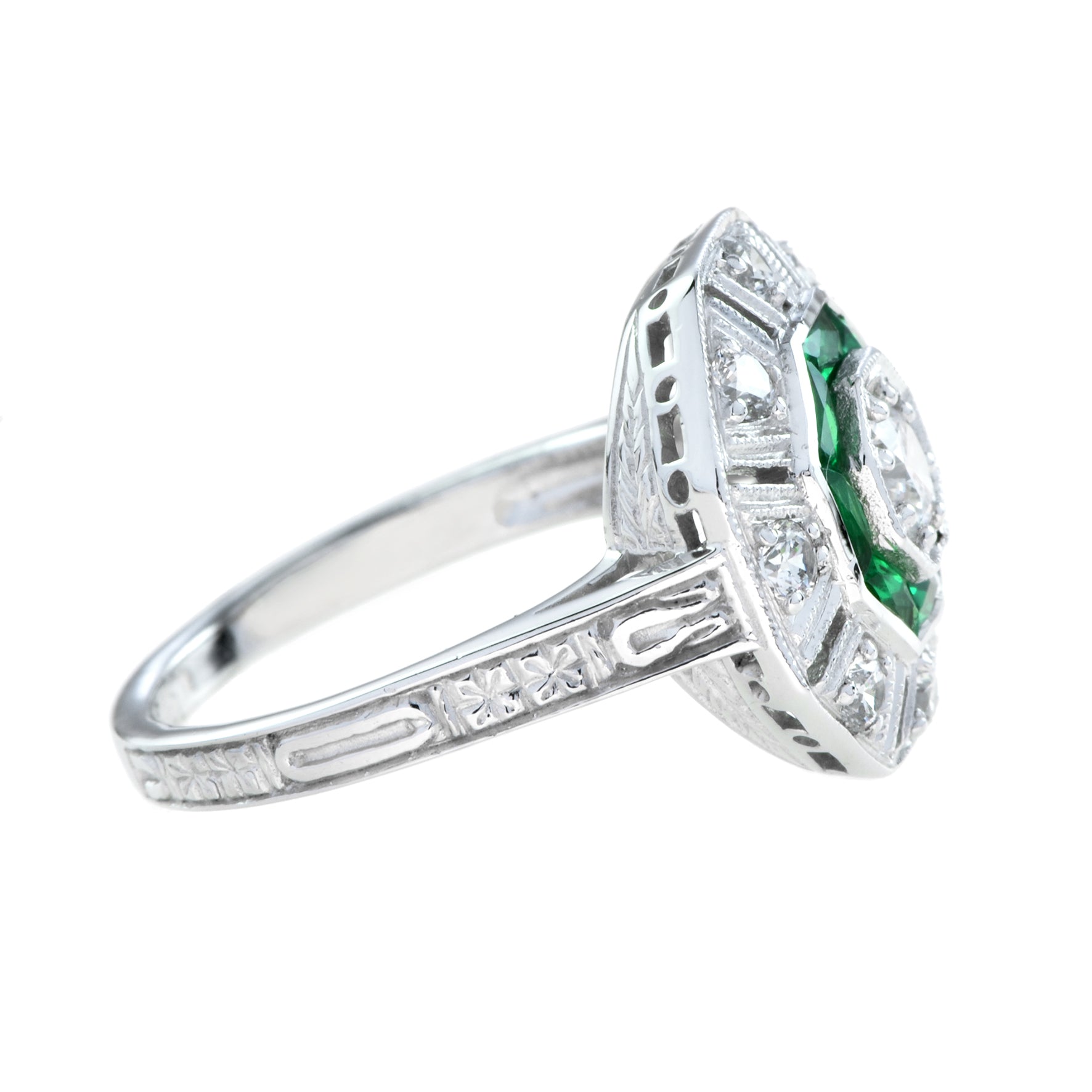Octagon Shape Diamond & Green Emerald Art Deco Style 14K White Gold Ring