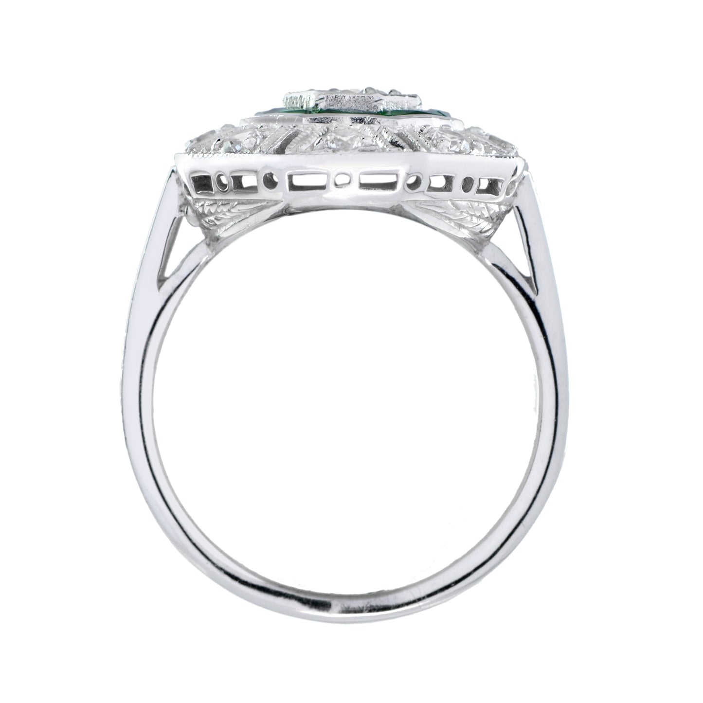 octagon shape diamond & green emerald art deco style 14k white gold ring