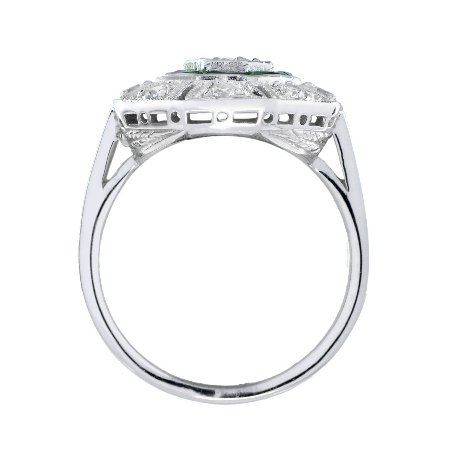 Octagon Shape Diamond &amp; Green Emerald Art Deco Style 14K White Gold Ring