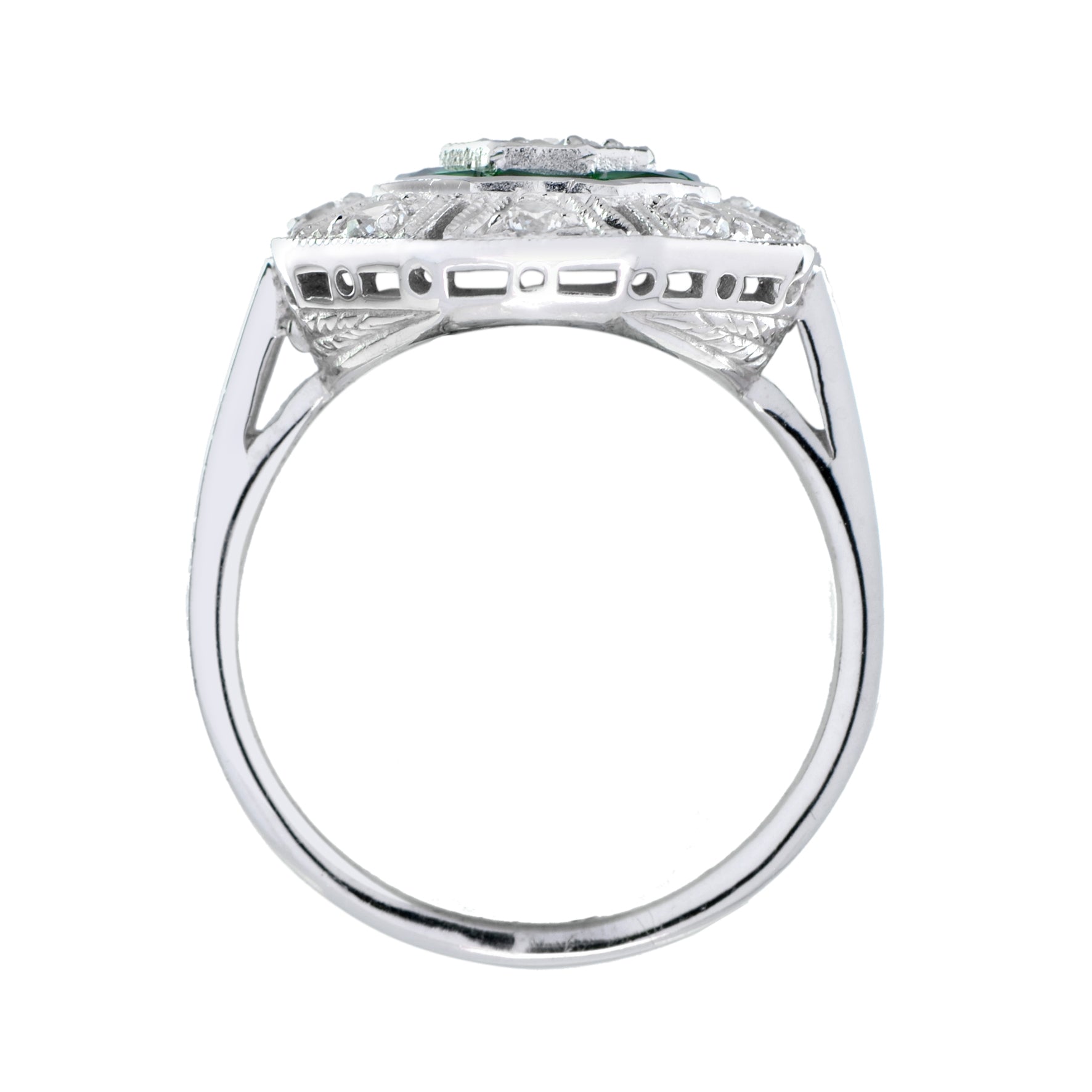 Octagon Shape Diamond & Green Emerald Art Deco Style 14K White Gold Ring