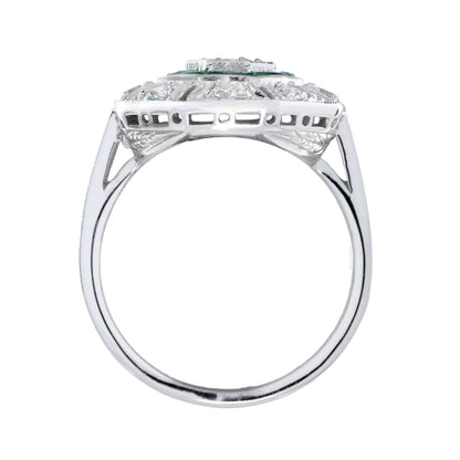 Octagon Shape Diamond & Green Emerald Art Deco Style 14K White Gold Ring