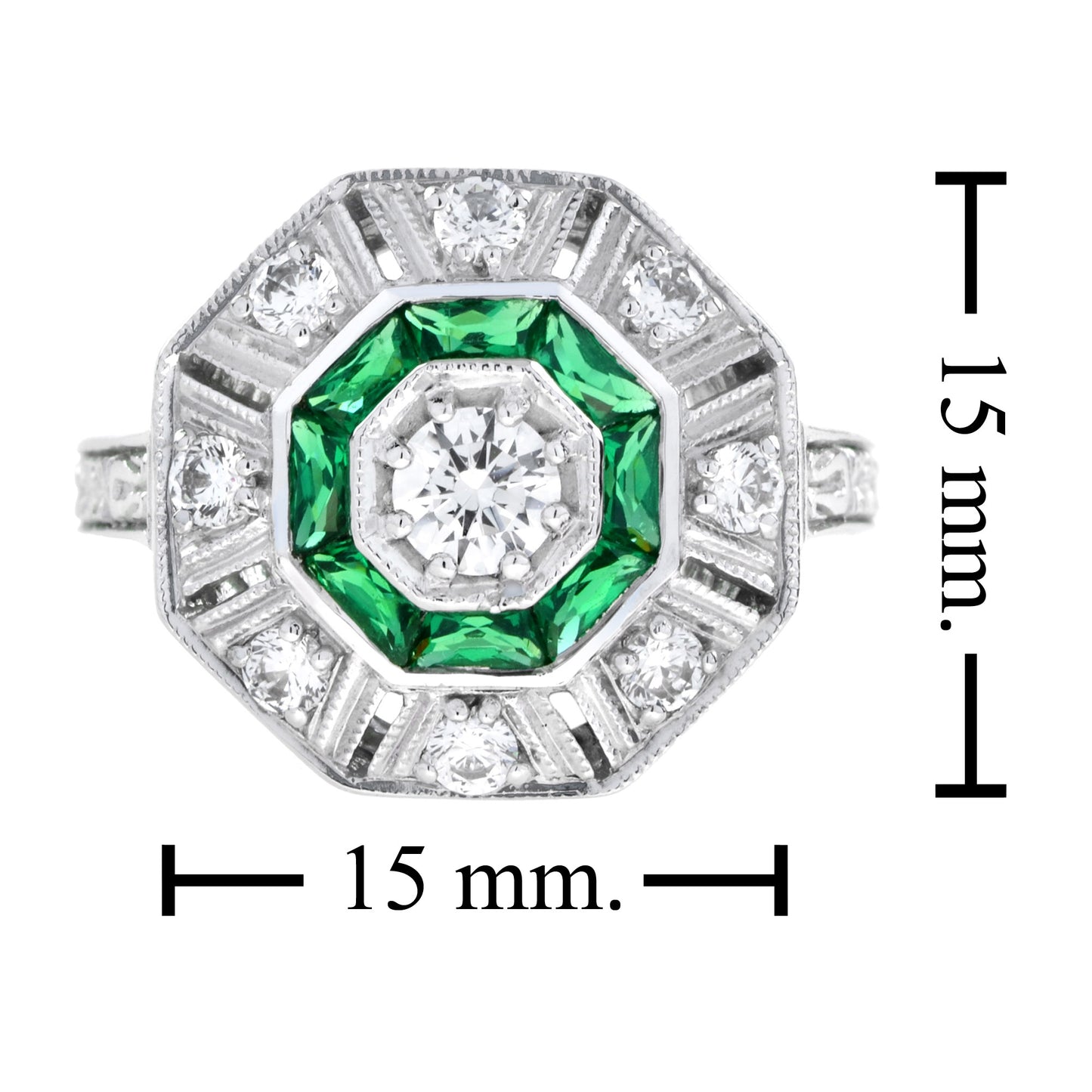 octagon shape diamond & green emerald art deco style 14k white gold ring