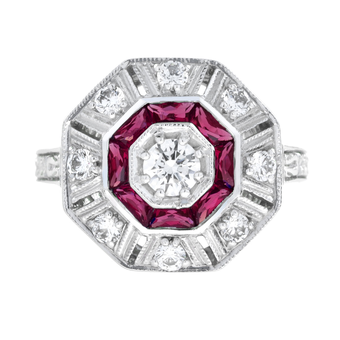 Diamond & Red Pink Ruby Art Deco Inspired Style Octagon 14K White Gold Ring