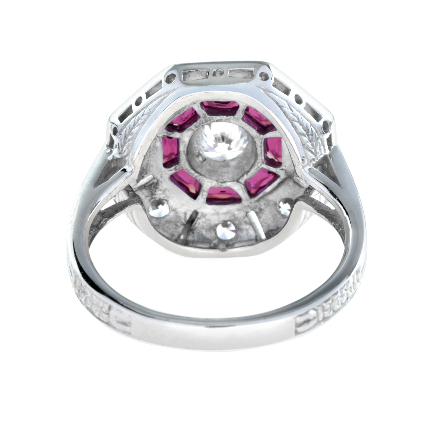 Diamond & Red Pink Ruby Art Deco Inspired Style Octagon 14K White Gold Ring