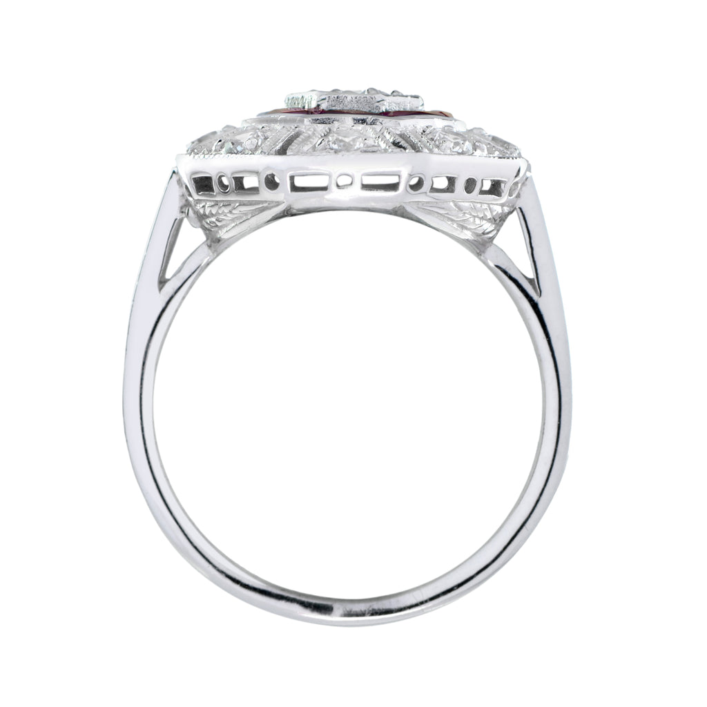 Diamond & Red Pink Ruby Art Deco Inspired Style Octagon 14K White Gold Ring