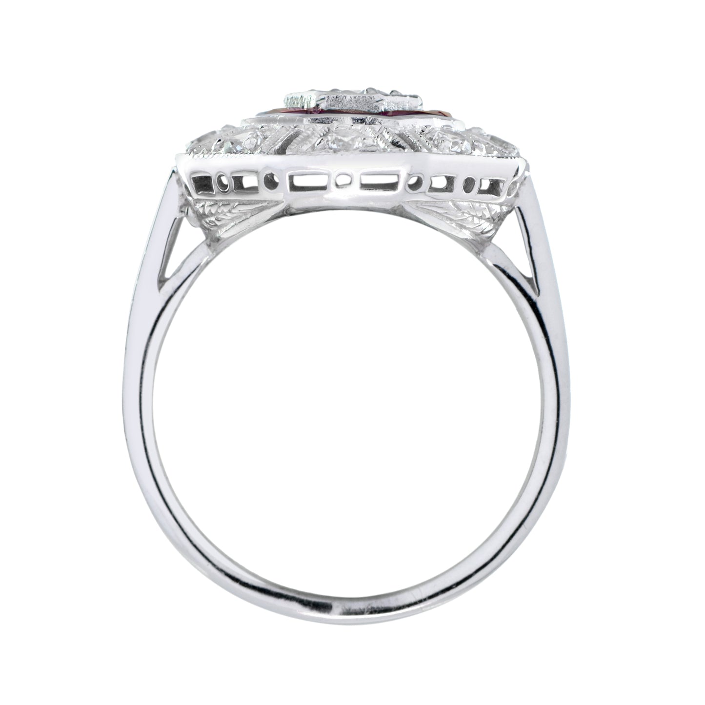 diamond & red pink ruby art deco inspired style octagon 14k white gold ring