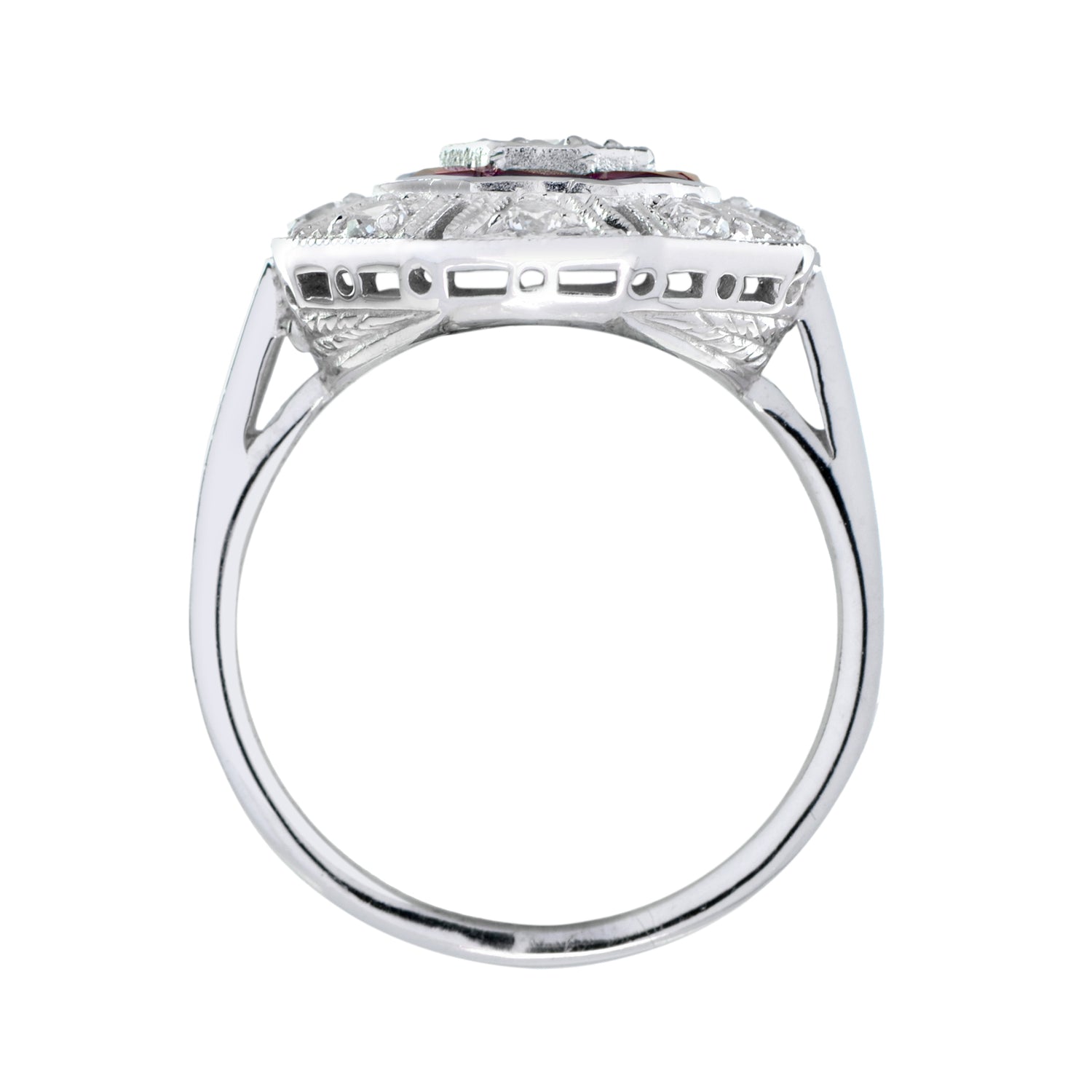 Diamond &amp; Red Pink Ruby Art Deco Inspired Style Octagon 14K White Gold Ring